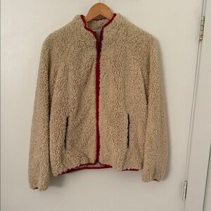 Mother Cozy Tan Sherpa Jacket with Red Trim